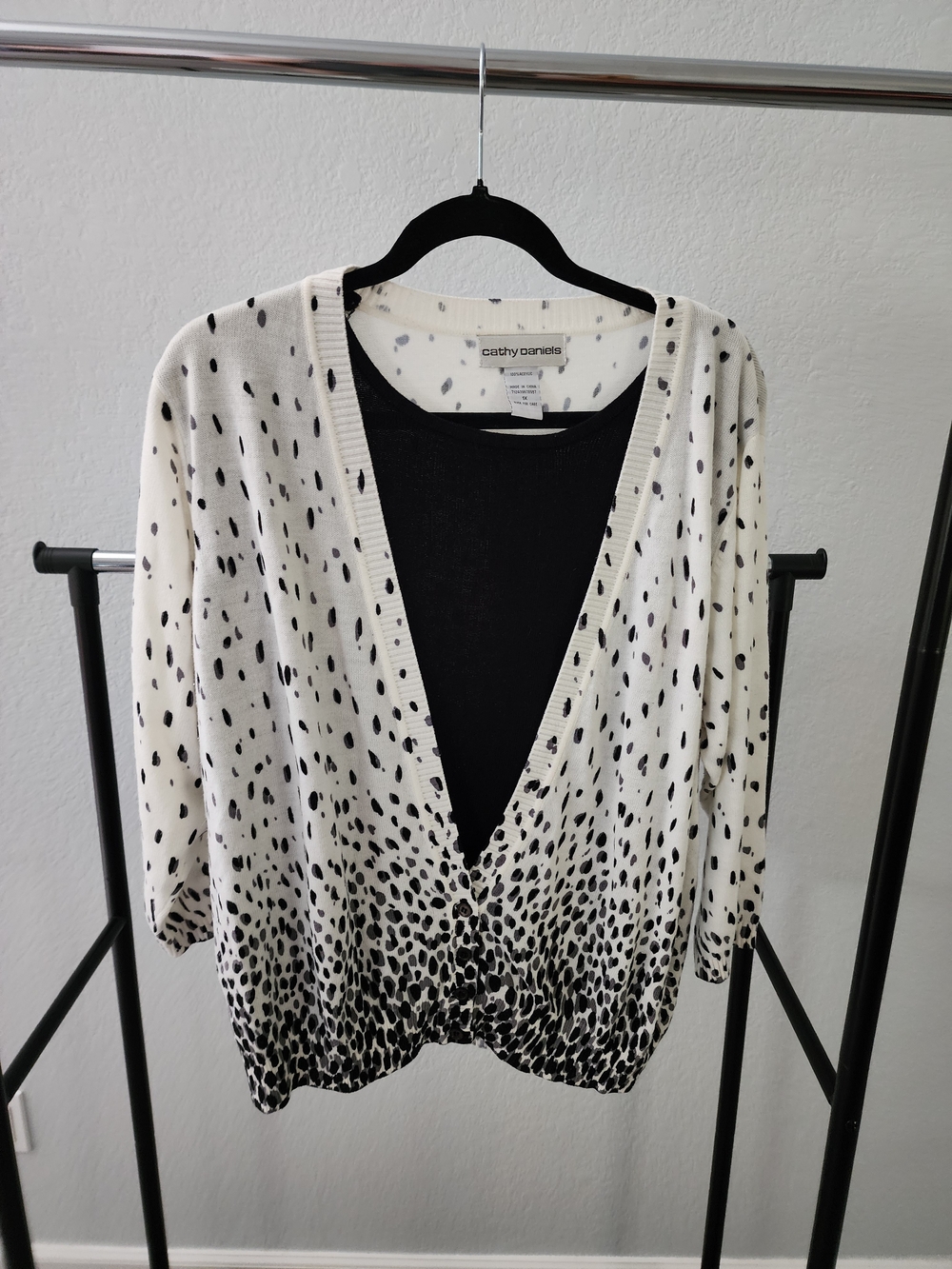 Cathy Daniels Black and White Speckle V-Neck Sweater Cardigan